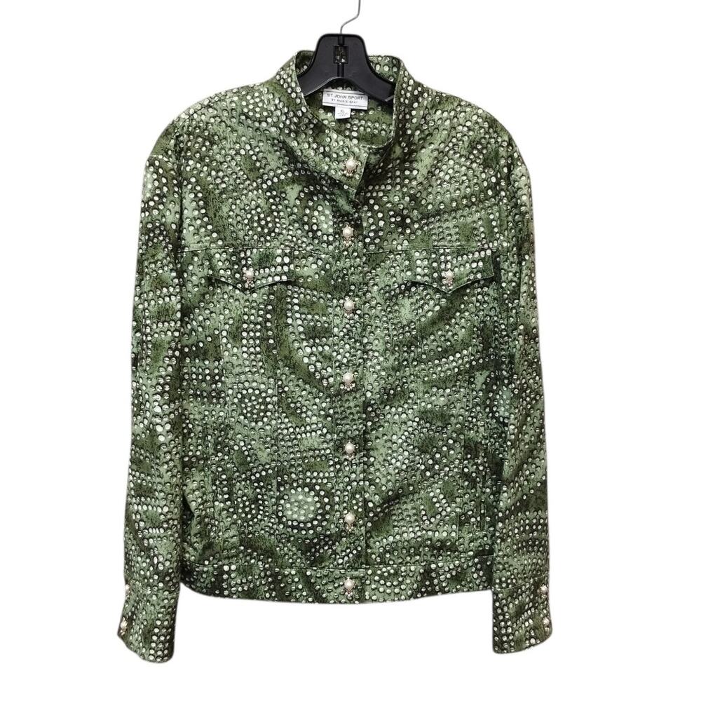 St John Sport Womens Geometric Denim Jacket XL Pearl Buttons Artsy Designer